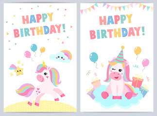 Cute birthday cards for kids with funny unicorn. vector illustration