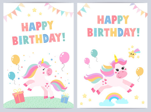 Cute birthday cards for kids with funny unicorn. vector illustration