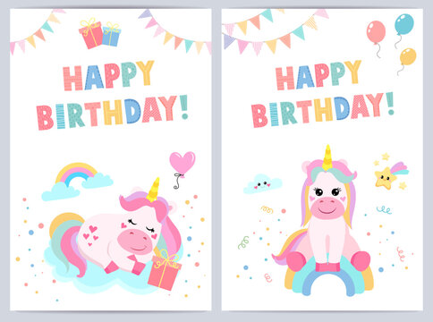 Cute birthday cards for kids with funny unicorn. vector illustration