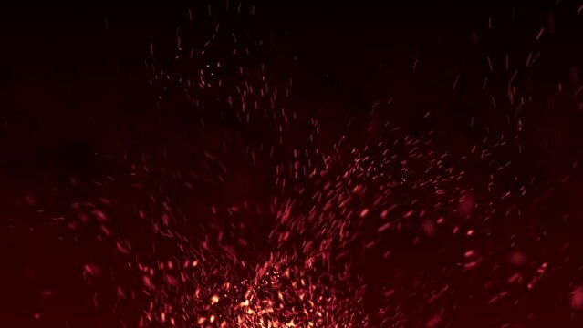 Burning red hot sparks and embers background animation. Fiery glowing red sparks exploding and swirling upwards. Full HD hot fire particles motion background.