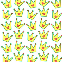 Simple pattern with doodle yellow crowns with hearts on white background. Creative hand drawn childish texture for fabric, wrapping, textile, wallpaper. Vector illustration EPS 10