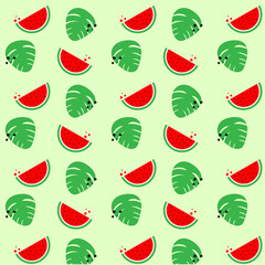 Watermelon and leaf simple green and red pattern on light green background. Summer background, fruit ,vector illustration EPS 10