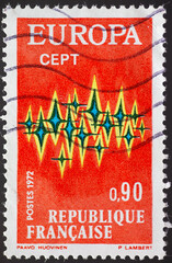 FRANCE - CIRCA 1972: a postage stamp from FRANCE, showing a symbol with stars as a symbol of solidarity within Europe. Text: EuropeCEPT. Circa 1972