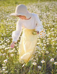 Kleines Mädchen mit einem Blumenstrauß aus Gänseblümchen, die auf einer sonnigen Blumenwiese Blumen pflücken