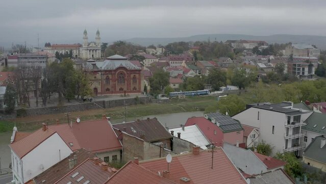 Aerial view of city Uzhhorod in autumn