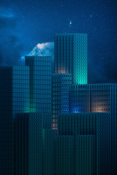 Sci-fi City Skyline with Green and Blue Neon lights. Night scene with Futuristic Skyscrapers. Wireless network and connection city.  Night city panorama. blue illuminated filter image of city urban