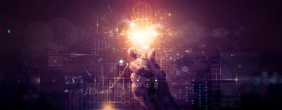 Businessman hand holding creative light bulb with industry network,analysis solution and development marketing network icons  planning strategy, Modern business, Innovative of new ideas.