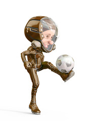 mini astronaut cartoon is kicking the football ball
