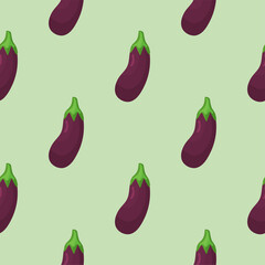 Seamless food pattern of oeggplant on green background. Backdrop for wallpaper, print, textile, fabric, wrapping. Vector illustration
