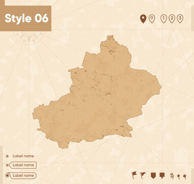 Xinjiang, China - map in vintage style, retro style map, sepia, vintage. Vector map.