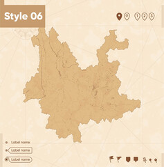 Yunnan, China - map in vintage style, retro style map, sepia, vintage. Vector map.