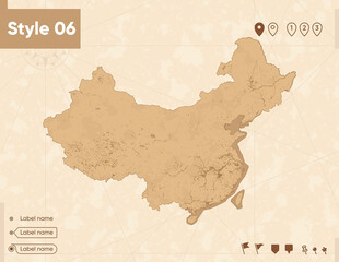 China - map in vintage style, retro style map, sepia, vintage. Vector map.