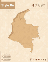 Colombia - map in vintage style, retro style map, sepia, vintage. Vector map.