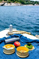 Fototapeta premium Asian tropical picnic style on speed boat in concept of holiday and ocean.