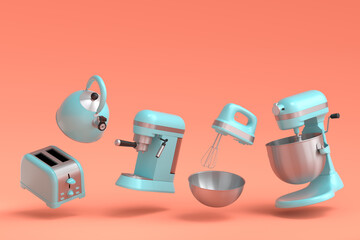 Fototapeta premium Espresso coffee machine, hand mixer, kettle and toaster on coral background.