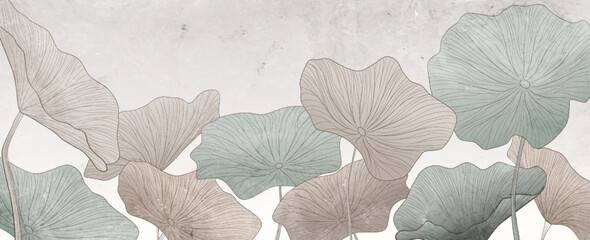 Art background with lotus leaves in green and brown tones in line style. Hand drawn botanical banner for wallpaper design, decor, print, packaging.