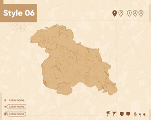 Jammu And Kashmir, India - map in vintage style, retro style map, sepia, vintage. Vector map.
