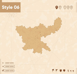 Jharkhand, India - map in vintage style, retro style map, sepia, vintage. Vector map.