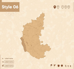 Karnataka, India - map in vintage style, retro style map, sepia, vintage. Vector map.