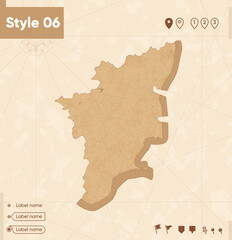 Tamil Nadu, India - map in vintage style, retro style map, sepia, vintage. Vector map.