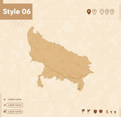 Uttar Pradesh, India - map in vintage style, retro style map, sepia, vintage. Vector map.