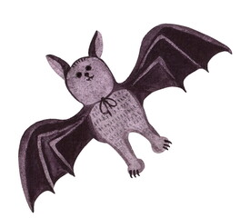 Cute Halloween vampire bat in a black cape and with big wings. A cartoon character drawn in watercolor isolated on a white background.