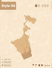 West Bengal, India - map in vintage style, retro style map, sepia, vintage. Vector map.