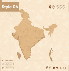India - map in vintage style, retro style map, sepia, vintage. Vector map.