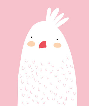 Cute Vector Illustration with Funny Hand Drawn White  Cockatoo Isolated on a Light Pink Background. Sweet Nursery Art with White Parrot ideal for Card, Wall Art, Poster, Decoration. Lovely Bird.