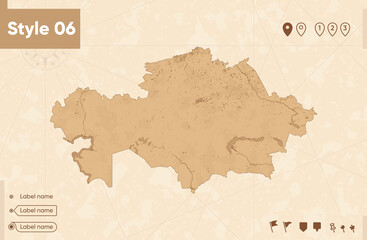 Kazakhstan - map in vintage style, retro style map, sepia, vintage. Vector map.