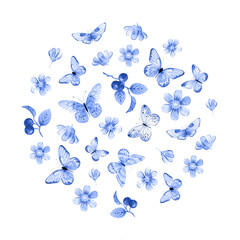 Watercolor set of butterflies, flowers and blueberries. Hand drawn summer insects and plants. Design for packaging, greeting card and invitation.