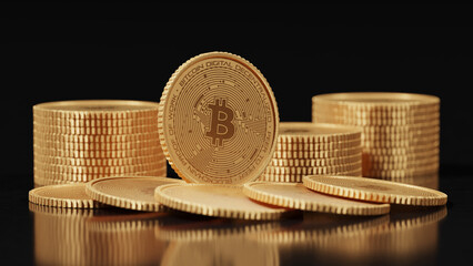 kryptowaluta bitcoin stos rozrzuconych i pogrupowanych monet z jedną monetą wyróżniającą się na ich tle, koncepcja artystyczno-biznesowa finansowa