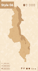 Malawi - map in vintage style, retro style map, sepia, vintage. Vector map.