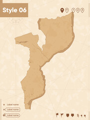 Mozambique - map in vintage style, retro style map, sepia, vintage. Vector map.