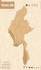 Myanmar - map in vintage style, retro style map, sepia, vintage. Vector map.