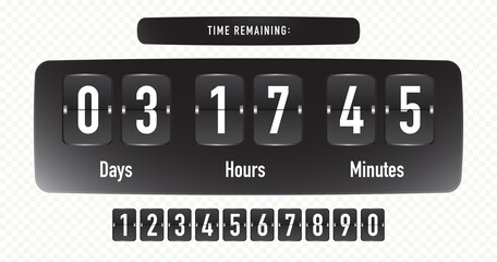 Time remaining template vector realistic style isolated on transparent background. Coutdown sale timer flip board with scoreboard of days, hours, minutes, seconds- web page upcoming event. 10 eps