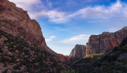 American Mountain Landscape. Sunny Cloudy Sunrise Sky Art Render. Zion National Park, Utah, United States of America. Nature Background