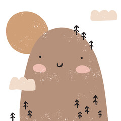 Cute Hand Drawn Grunge Vector Illustration with Kawaii Style Landscape. Brow Smiling Mountain, Fluffy Clouds, Trees and Sun Isolated on a White Background. Infantile Style Nursery Art ideal for Card. 