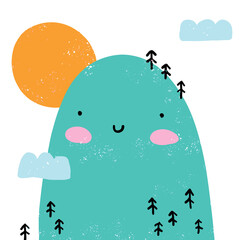 Cute Hand Drawn Grunge Vector Illustration with Kawaii Style Landscape. Blue Smiling Mountain, Fluffy Clouds, Trees and Sun Isolated on a White Background. Infantile Style Nursery Art ideal for Card. 