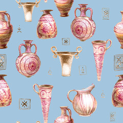 pattern of stylized vintage vases on a blue background