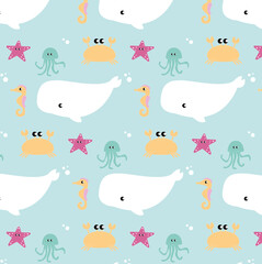 Sea life marine fish and animals flat cartoon illustration template. Dolphins and whales, sharks and octopuses, jellyfish and seahorses. Set of cute animals icons isolated on white background.