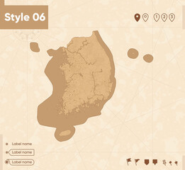 South Korea - map in vintage style, retro style map, sepia, vintage. Vector map.