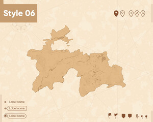 Tajikistan - map in vintage style, retro style map, sepia, vintage. Vector map.