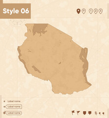 Tanzania - map in vintage style, retro style map, sepia, vintage. Vector map.