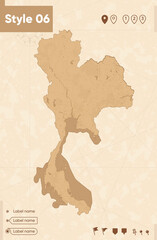 Thailand - map in vintage style, retro style map, sepia, vintage. Vector map.
