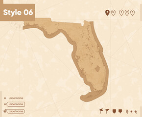 Florida, USA - map in vintage style, retro style map, sepia, vintage. Vector map.