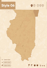 Illinois, USA - map in vintage style, retro style map, sepia, vintage. Vector map.