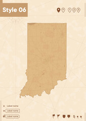 Indiana, USA - map in vintage style, retro style map, sepia, vintage. Vector map.