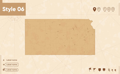 Kansas, USA - map in vintage style, retro style map, sepia, vintage. Vector map.