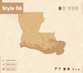 Louisiana, USA - map in vintage style, retro style map, sepia, vintage. Vector map.